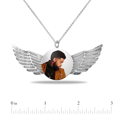 Men's Engravable Photo Disc with Angel Wings Pendant in Sterling Silver (1 Image and 4 Lines)