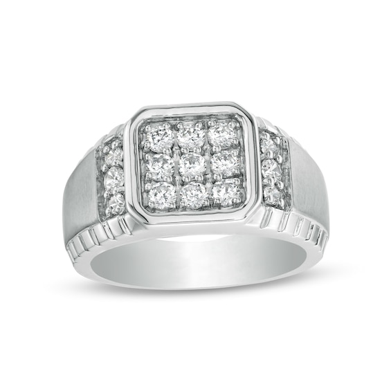 Men's 1.00 CT. T.W. Square-Shaped Multi-Diamond Octagonal Frame Collar Textured Border Ring in 10K White Gold - Size 10