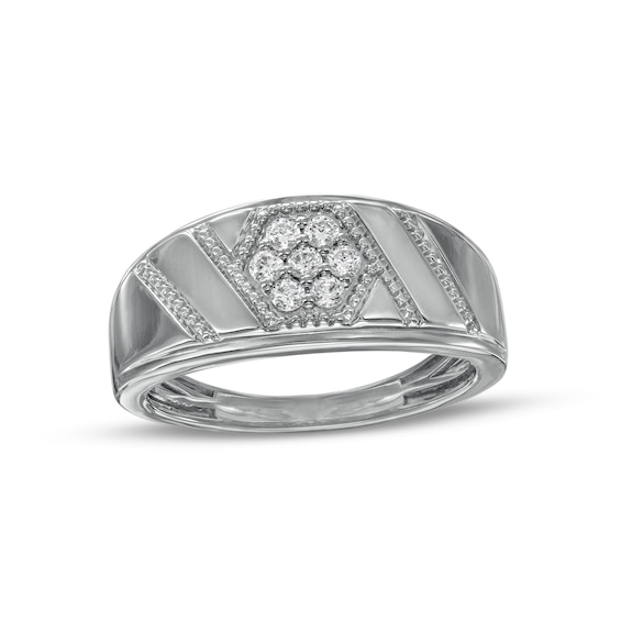 Men's 0.25 CT. T.W. Hexagonal Composite Diamond Beaded Slant Geometric Ring in 10K White Gold