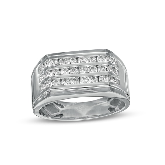 Men's 1.00 CT. T.W. Diamond Triple Row Rectangle-Top Stepped Edge Ring in 10K White Gold