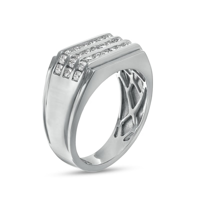 Men's 1.00 CT. T.W. Diamond Triple Row Rectangle-Top Stepped Edge Ring in 10K White Gold