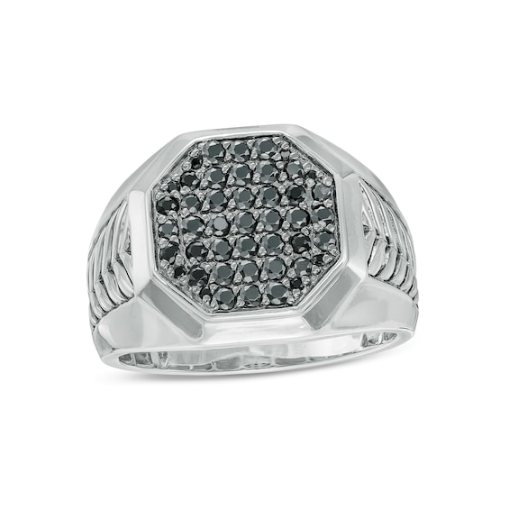 Men's 0.75 CT. T.W. Octagonal Black Multi-Diamond with Chevron Shank Ring in Sterling Silver - Size 10