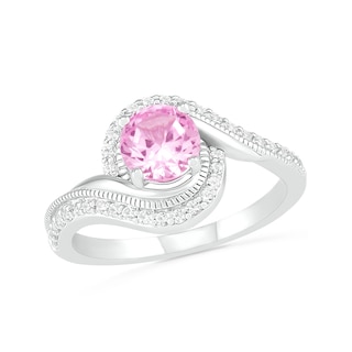 Zales Heart-Shaped Lab-Created Pink Sapphire and 1/15 Ct. T.W. Diamond Frame Buckle Ring in Sterling Silver