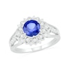 Thumbnail Image 0 of 7.0mm Lab-Created Blue and White Sapphire Frame Triple Row Split Shank Vintage-Style Flower Ring in Sterling Silver