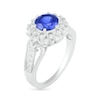 7.0mm Lab-Created Blue and White Sapphire Frame Triple Row Split Shank Vintage-Style Flower Ring in Sterling Silver