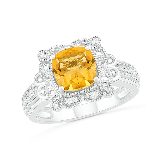 7.0mm Cushion-Shaped Citrine and 0.065 CT. T.W. Diamond Scallop Frame Loop Collar Vintage-Style Ring in 10K White Gold