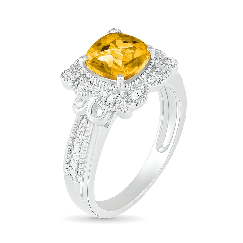 7.0mm Cushion-Shaped Citrine and 0.065 CT. T.W. Diamond Scallop Frame Loop Collar Vintage-Style Ring in 10K White Gold|Peoples Jewellers