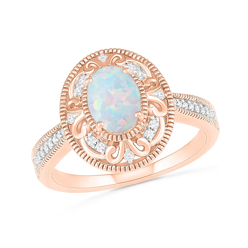 Oval Lab-Created Opal and 0.115 CT. T.W. Diamond Filigree Frame Vintage-Style Ring in 10K Rose Gold|Peoples Jewellers