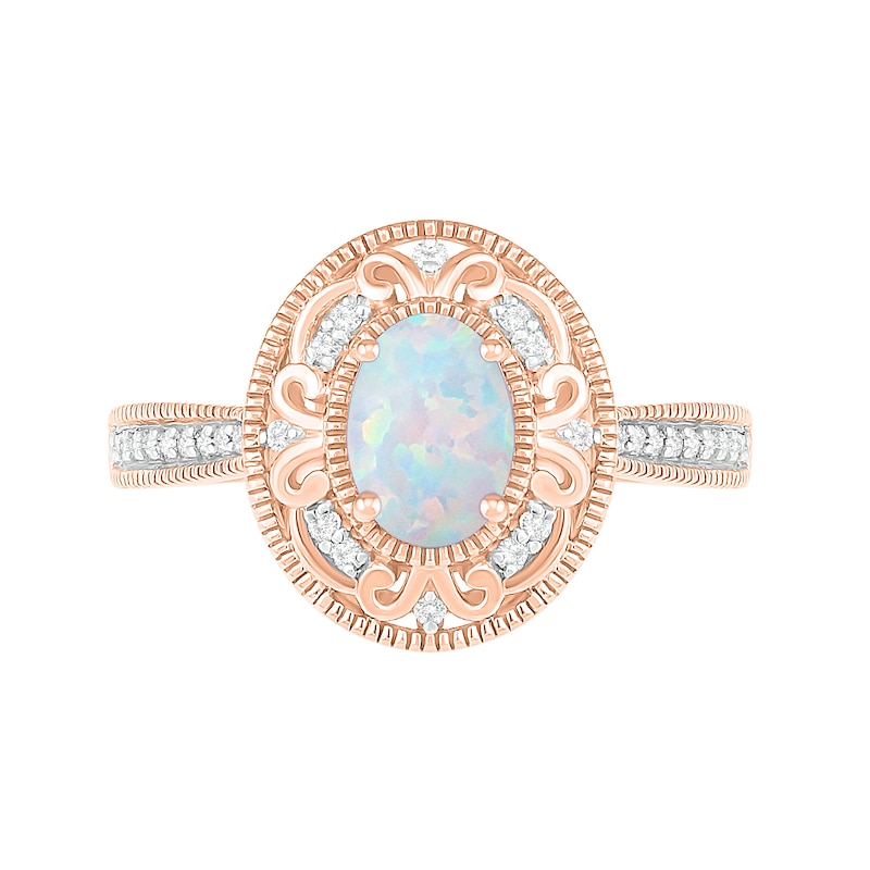 Oval Lab-Created Opal and 0.115 CT. T.W. Diamond Filigree Frame Vintage-Style Ring in 10K Rose Gold|Peoples Jewellers