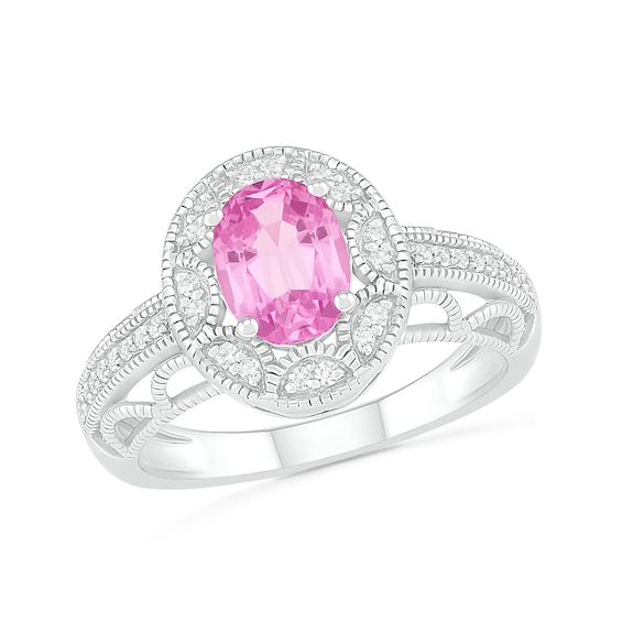 Heart-Shaped Lab-Created Pink Sapphire and 0.065 CT. T.W. Diamond Frame  Buckle Ring in Sterling Silver