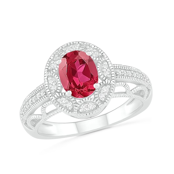 Oval Lab-Created Ruby and White Sapphire Frame Scallop Border Shank Vintage-Style Ring in Sterling Silver