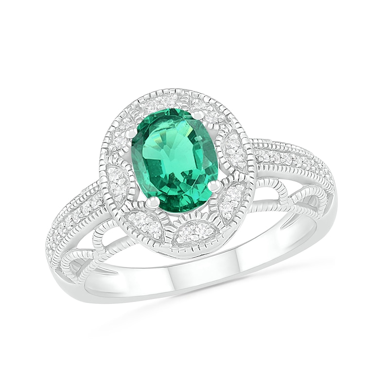 Oval Lab-Created Emerald and White Sapphire Frame Scallop Border Shank Vintage-Style Ring in Sterling Silver|Peoples Jewellers