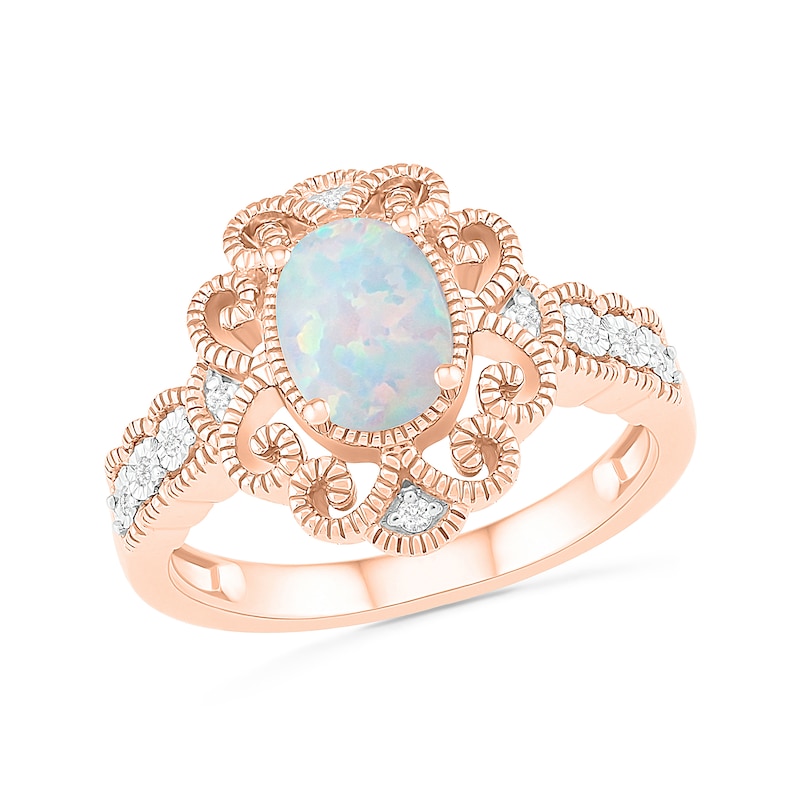 Oval Lab-Created Opal and 0.04 CT. T.W. Diamond Scroll Frame Scallop Shank Vintage-Style Ring in 10K Rose Gold|Peoples Jewellers
