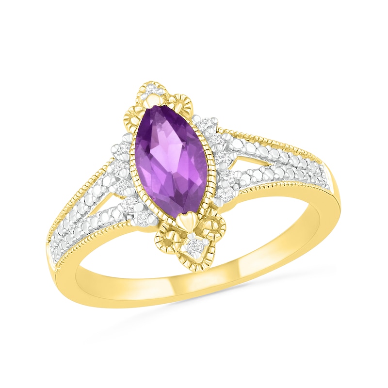 Main Image 1 of Marquise Amethyst and 0.066 CT. T.W. Diamond Beaded Ornate Frame Split Shank Vintage-Style Ring in 10K Gold