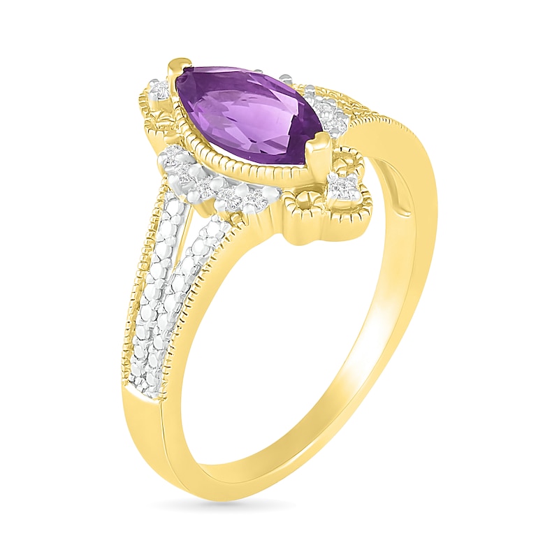 Main Image 2 of Marquise Amethyst and 0.066 CT. T.W. Diamond Beaded Ornate Frame Split Shank Vintage-Style Ring in 10K Gold