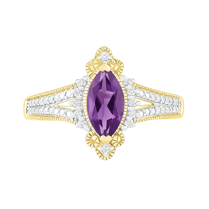 Main Image 3 of Marquise Amethyst and 0.066 CT. T.W. Diamond Beaded Ornate Frame Split Shank Vintage-Style Ring in 10K Gold