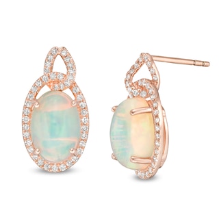 EFFY™ Collection Oval Opal and 0.30 CT. T.W. Diamond Frame Interlocking Drop Earrings in 14K Rose Gold