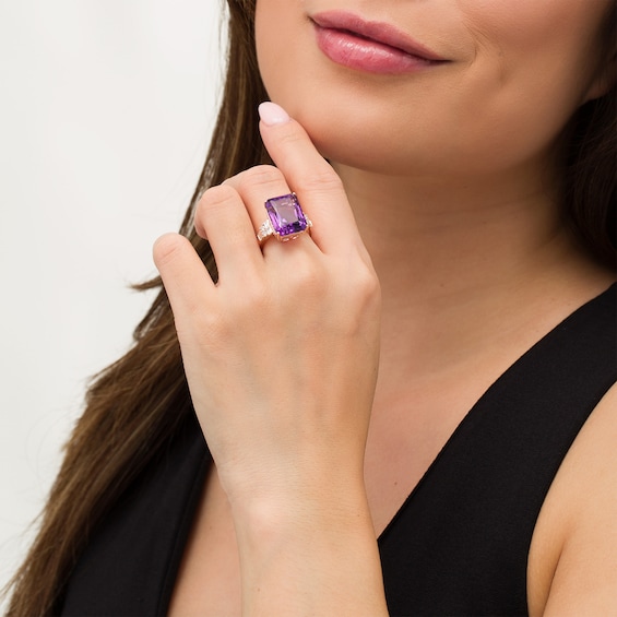 EFFY™ Collection Emerald-Cut Amethyst and 0.42 CT. T.W. Diamond Art Deco Ring in 14K Rose Gold