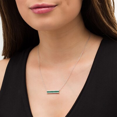 EFFY™ Collection Princess-Cut Emerald and 0.12 CT. T.W. Diamond Triple Row Bar Necklace in 14K White Gold