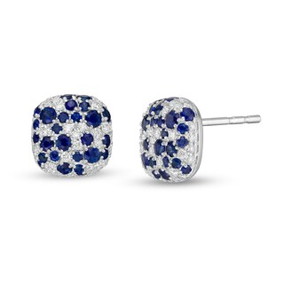 EFFY™ Collection Blue Sapphire and 0.38 CT. T.W. Diamond Cushion Cluster Stud Earrings in 14K White Gold