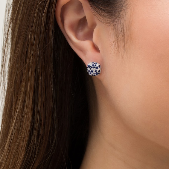 EFFY™ Collection Blue Sapphire and 0.38 CT. T.W. Diamond Cushion Cluster Stud Earrings in 14K White Gold