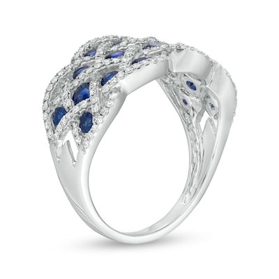 EFFY™ Collection Blue Sapphire and 0.42 CT. T.W. Diamond Lattice Ring in 14K White Gold