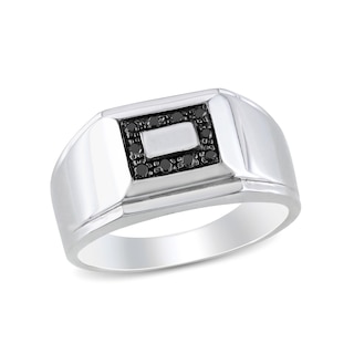 Men's 0.10 CT. T.W. Black Diamond Rectangular Frame Stepped Edge Signet Ring in Sterling Silver