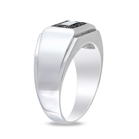 Men's 0.10 CT. T.W. Black Diamond Rectangular Frame Stepped Edge Signet Ring in Sterling Silver