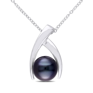 9.5-10.0mm Black Tahitian Cultured Pearl Wishbone Pendant in Sterling Silver