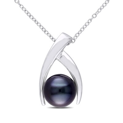 9.5-10.0mm Black Tahitian Cultured Pearl Wishbone Pendant in Sterling Silver