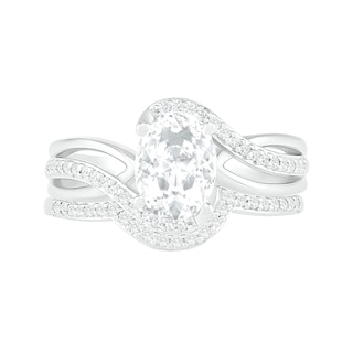 Oval Lab-Created White Sapphire Crossover Bypass Split Shank Bridal Set in Sterling Silver