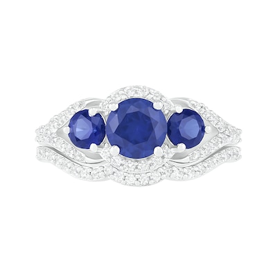 Lab-Created Blue and White Sapphire Frame Three Stone Split Shank Bridal Set in Sterling Silver