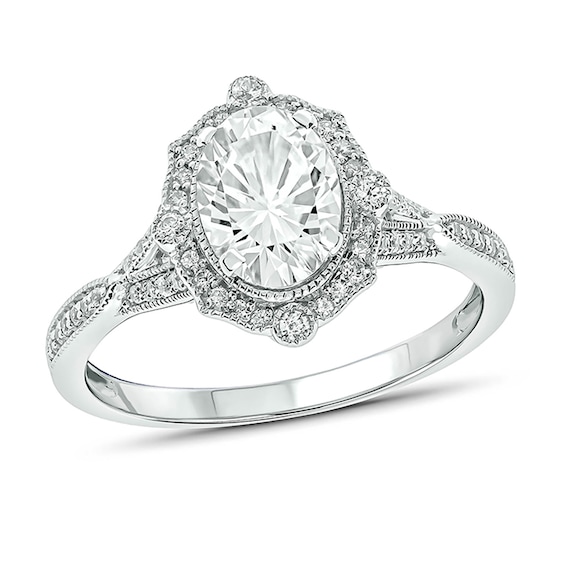 Oval Lab-Created White Sapphire and 0.18 CT. T.W. Diamond Ornate Frame Split Shank Vintage-Style Ring in 10K White Gold