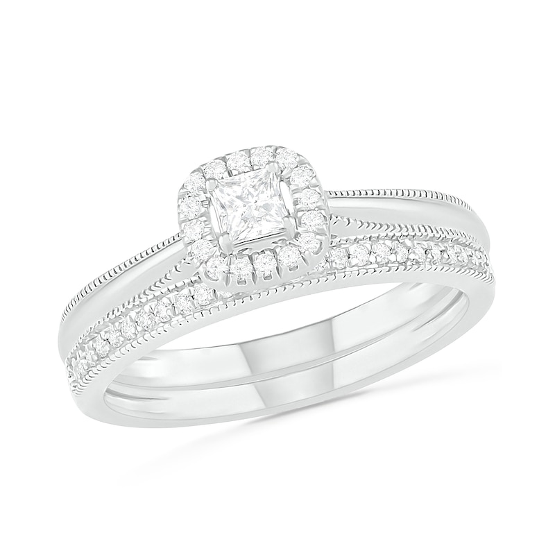 0.29 CT. T.W. Princess-Cut Diamond Frame Vintage-Style Bridal Set in 10K White Gold