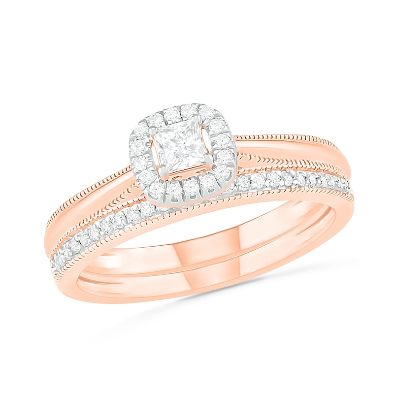 0.29 CT. T.W. Princess-Cut Diamond Frame Vintage-Style Bridal Set in 10K Rose Gold