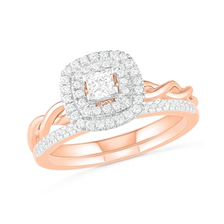 0.37 CT. T.W. Princess-Cut Diamond Double Frame Twist Shank Bridal Set in 10K Rose Gold