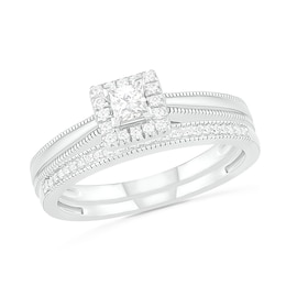 0.29 CT. T.W. Princess-Cut Diamond Frame Vintage-Style Bridal Set in 10K White Gold