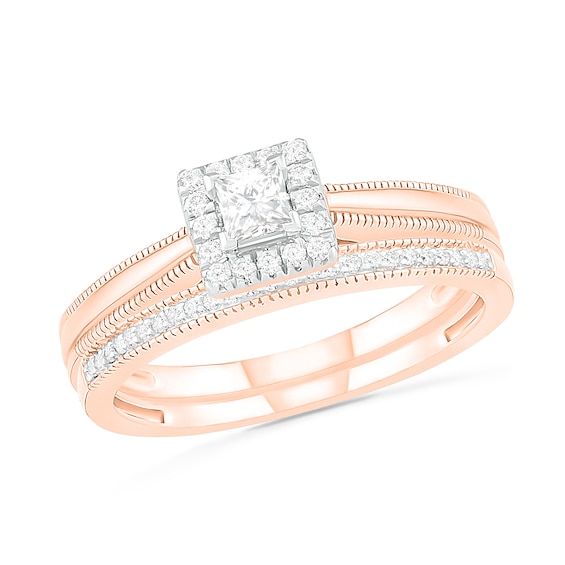 0.29 CT. T.W. Princess-Cut Diamond Frame Vintage-Style Bridal Set in 10K Rose Gold