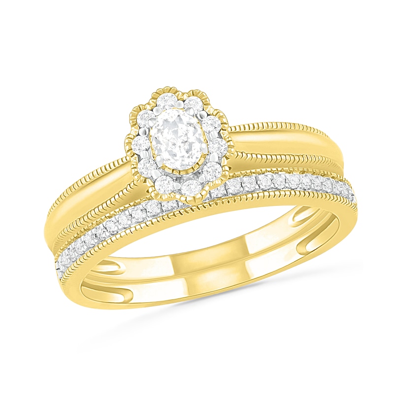 Main Image 1 of 0.29 CT. T.W. Oval Diamond Scallop Frame Vintage-Style Bridal Set in 10K Gold