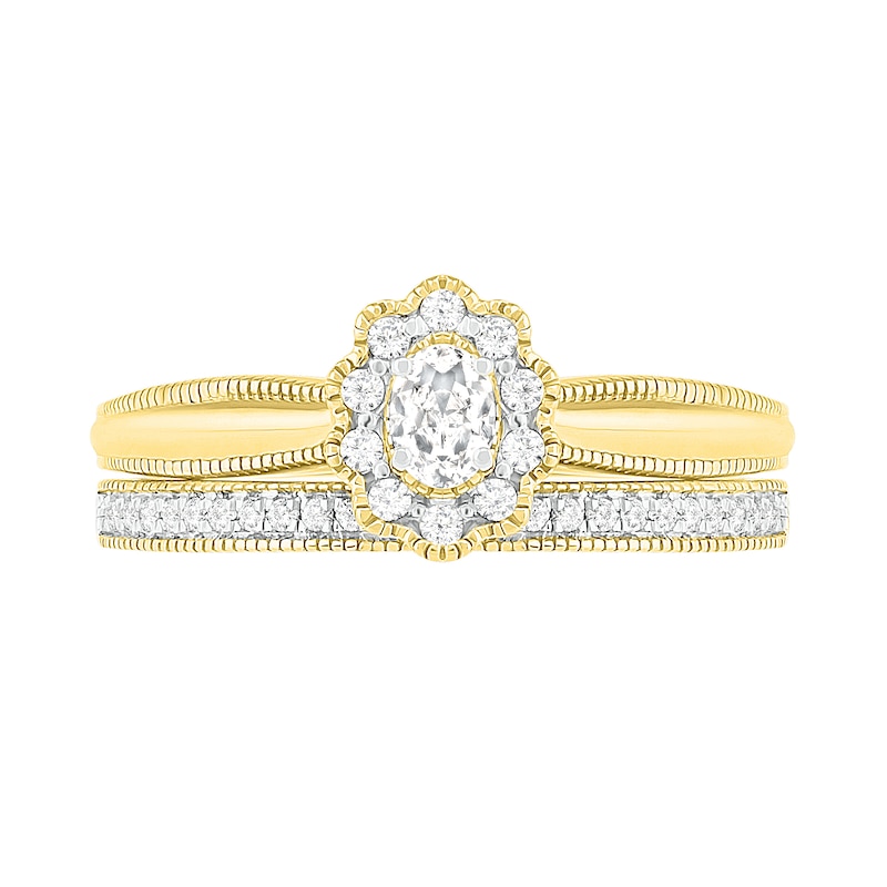 Main Image 3 of 0.29 CT. T.W. Oval Diamond Scallop Frame Vintage-Style Bridal Set in 10K Gold