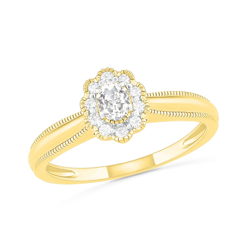 Main Image 4 of 0.29 CT. T.W. Oval Diamond Scallop Frame Vintage-Style Bridal Set in 10K Gold