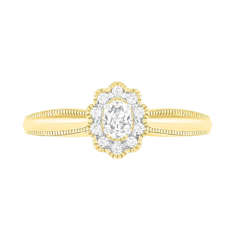 Main Image 5 of 0.29 CT. T.W. Oval Diamond Scallop Frame Vintage-Style Bridal Set in 10K Gold