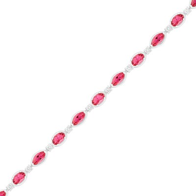 Marquise and Oval Lab-Created Ruby and White Sapphire Link Alternating Line Bracelet in Sterling Silver 7.25"