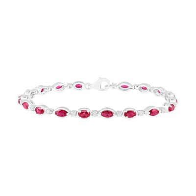 Marquise and Oval Lab-Created Ruby and White Sapphire Link Alternating Line Bracelet in Sterling Silver 7.25"