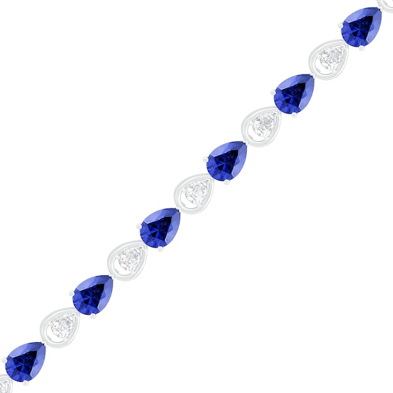 Pear-Shaped Lab-Created Blue and White Sapphire Open Teardrop Link Alternating Line Bracelet in Sterling Silver