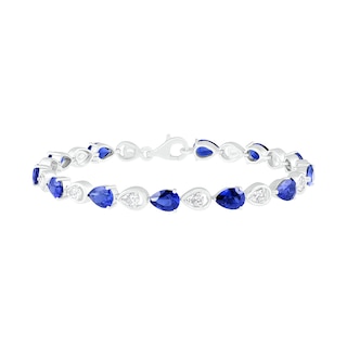 Pear-Shaped Lab-Created Blue and White Sapphire Open Teardrop Link Alternating Line Bracelet in Sterling Silver