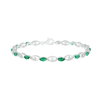 Marquise Lab-Created Emerald and White Sapphire Open Link Alternating Line Bracelet in Sterling Silver - 7.5"