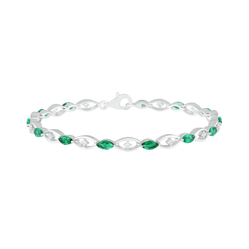 Marquise Lab-Created Emerald and White Sapphire Open Link Alternating Line Bracelet in Sterling Silver - 7.5"