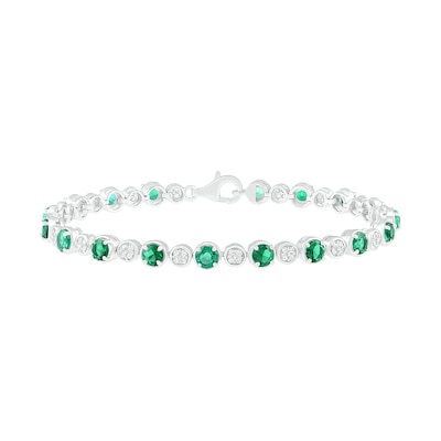 4.0mm Lab-Created Emerald and White Sapphire Bubble Link Alternating Line Bracelet in Sterling Silver - 7.5"