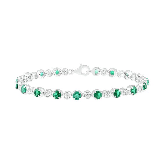 4.0mm Lab-Created Emerald and White Sapphire Bubble Link Alternating Line Bracelet in Sterling Silver - 7.5"